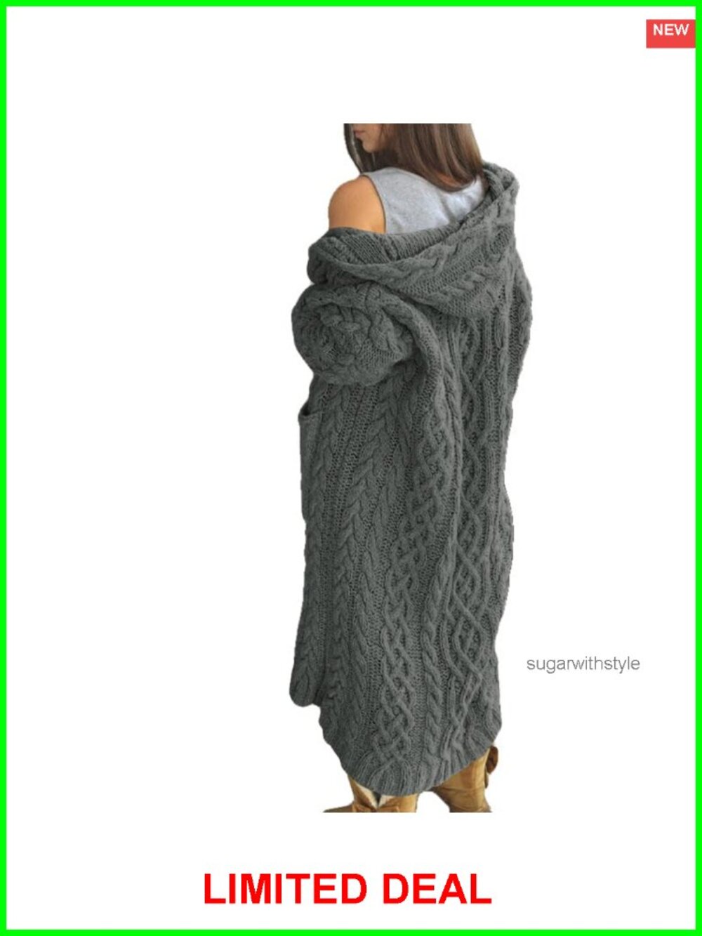 Womens Open Front Cable Knit Long Cardigan with Pockets Hooded Sweater
